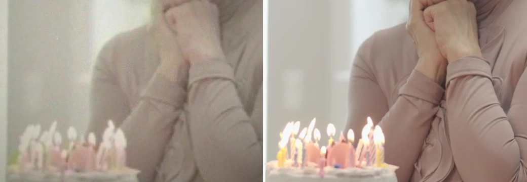 Restored VHS detail crop showing hands and cake texture