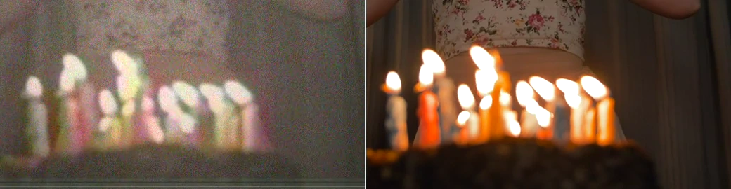 Before and after detail crop of birthday candles and cake highlights