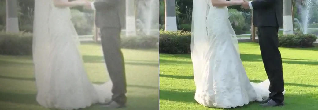Before and after detail crop of wedding dress and garden texture