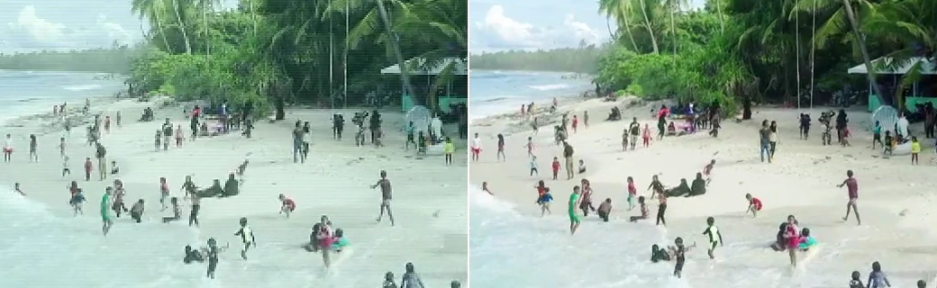 Before and after detail crop of people on a beach shoreline