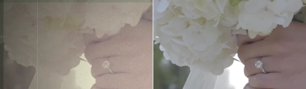Before and after detail crop of wedding bouquet and dress fabric