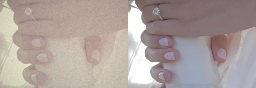 Close detail from heirloom wedding restoration sample showing ring and hands