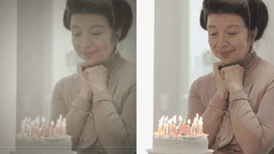 VHS restoration before and after split screen showing a family birthday tape