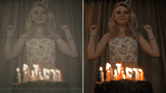 Low light VHS birthday video before and after restoration