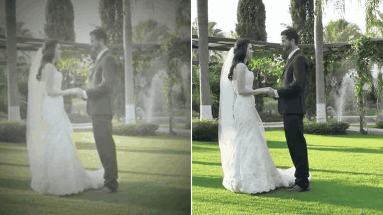 Wedding tape restoration split-screen sample showing damaged and restored footage