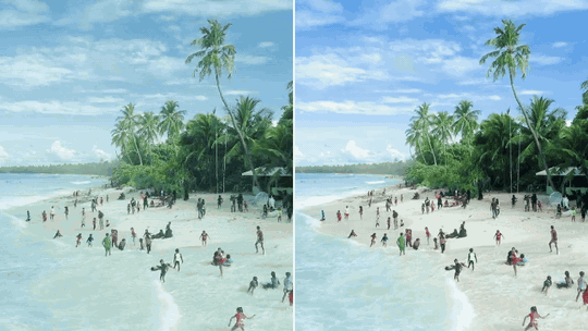 Outdoor VHS camcorder scene before and after restoration