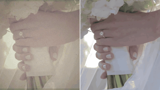 Old film-style footage before and after scratch and dust restoration